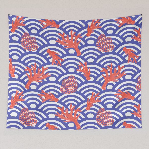 Item preview, Coral and Japanese waves - red, white and blue designed and sold by Home Cyn Home.