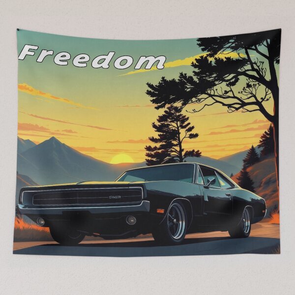 Item preview, Dodge Challenger in the mountains, sunrise, freedom 3 designed and sold by Salimgor Hangaround Music.