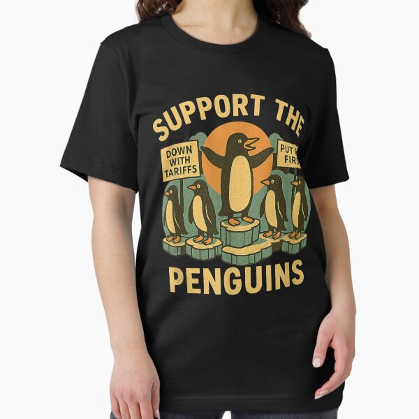 Vista previa del artículo con la obra «Resistir a los pingüinos contra los aranceles retro», diseñado y vendido por Kixola.