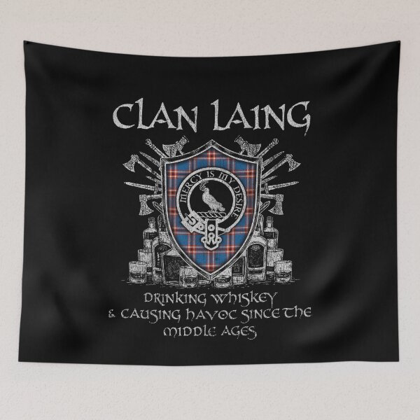 Item preview, Clan Laing of Archiestown drinking whiskey and causing havoc heritage crest tartan plaid designed and sold by Clan1093.