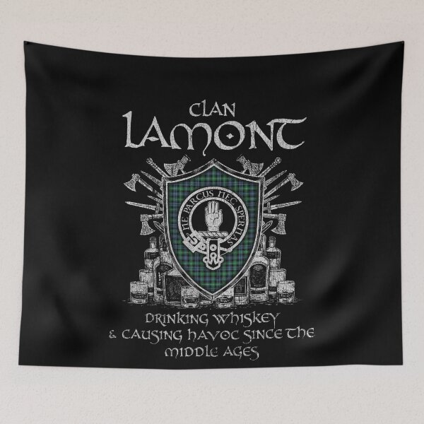 Item preview, Clan Lamont drinking whiskey and causing havoc heritage crest tartan plaid designed and sold by Clan1093.