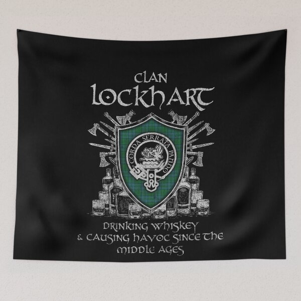 Item preview, Clan Lockhart drinking whiskey and causing havoc heritage crest tartan plaid designed and sold by Clan1093.