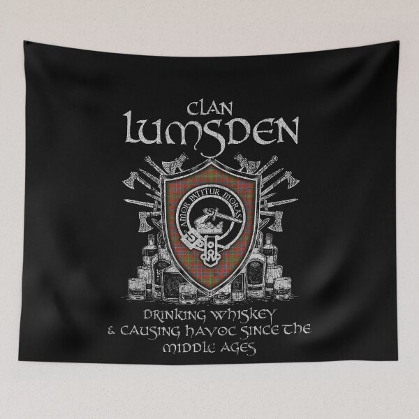 Item preview, Clan Lumsden drinking whiskey and causing havoc heritage crest tartan plaid designed and sold by Clan1093.