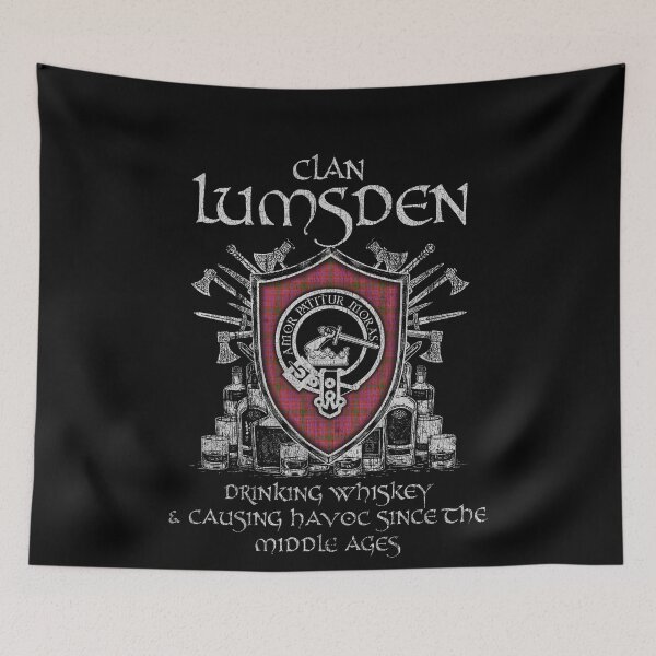 Item preview, Clan Lumsden of Clova drinking whiskey and causing havoc heritage crest tartan plaid designed and sold by Clan1093.