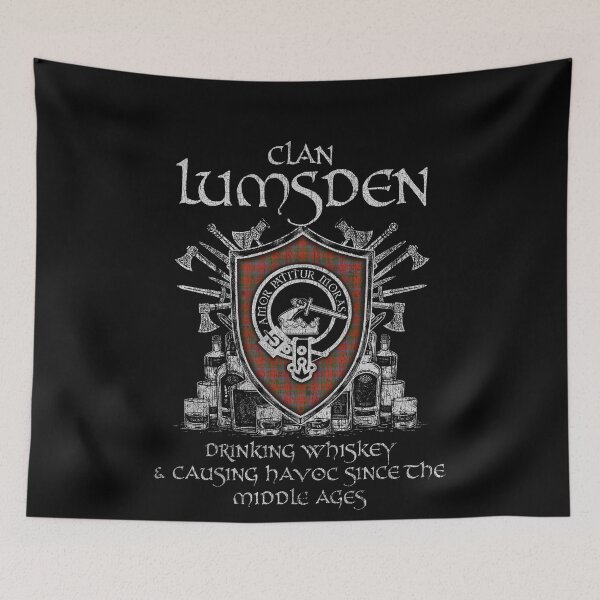 Item preview, Clan Lumsden of Kintore drinking whiskey and causing havoc heritage crest tartan plaid designed and sold by Clan1093.