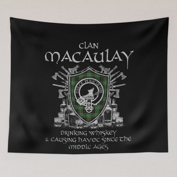 Item preview, Clan MacAulay of Lewis drinking whiskey and causing havoc heritage crest tartan plaid designed and sold by Clan1093.