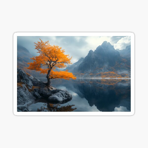 Item preview, Solitary autumn tree beside serene mountain lake view designed and sold by Artessie.