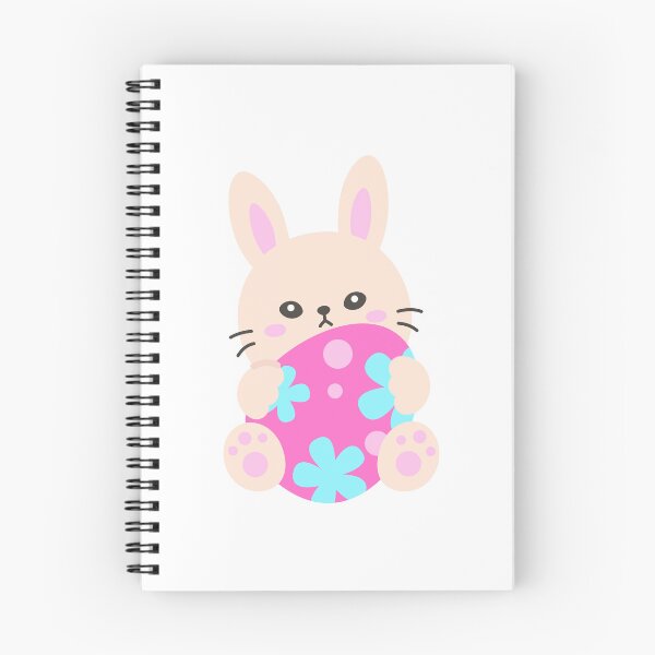 Aperçu de l'œuvre Adorable lapin tenant un œuf de Pâques rose fleuri – Sticker printemps pastel kawaii créée et vendue par BubiStudio.