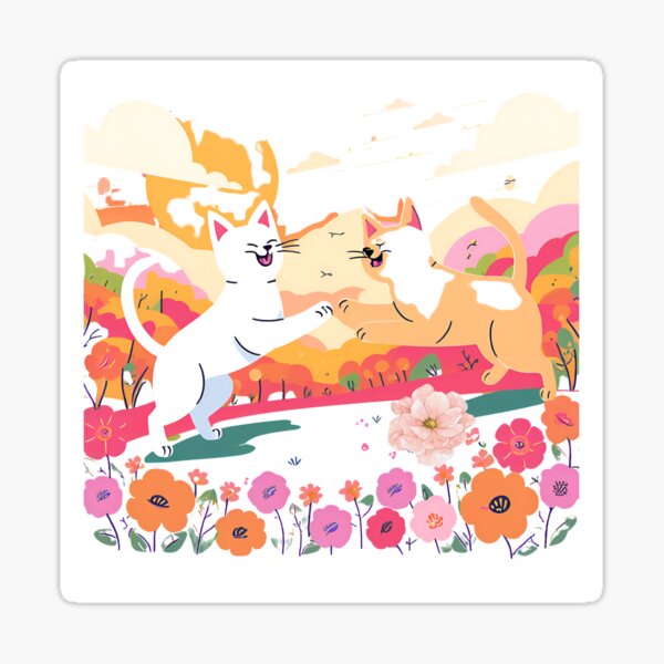 Cats playing together in a field of flowers Sticker