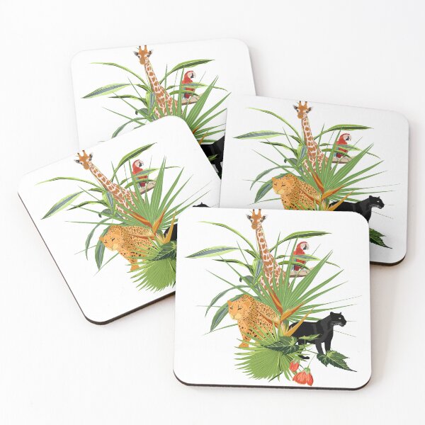 Item preview, Parrot bird, giraffe, leopard animals, tropical flowers, palm leaves, jungle leaf composition. designed and sold by MatyKotiv.