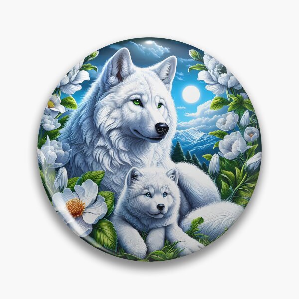 Item preview, Direwolves Alive - mother and puppy white wolves surrounded by white florals digital portraiture designed and sold by EmeraldeaArt.