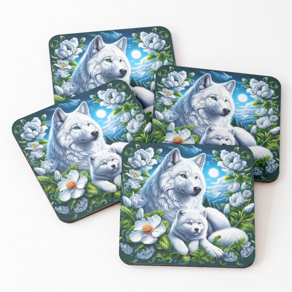 Item preview, Direwolves Alive - mother and puppy white wolves surrounded by white florals digital portraiture designed and sold by EmeraldeaArt.