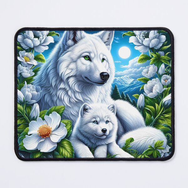 Item preview, Direwolves Alive - mother and puppy white wolves surrounded by white florals digital portraiture designed and sold by EmeraldeaArt.
