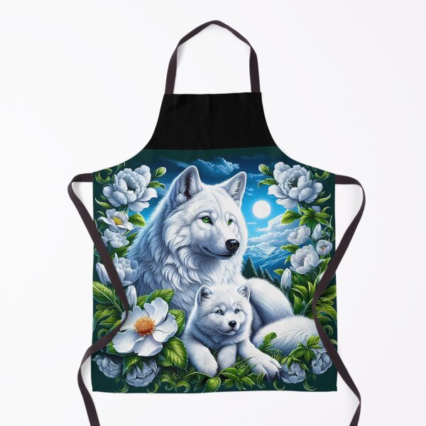 Item preview, Direwolves Alive - mother and puppy white wolves surrounded by white florals digital portraiture designed and sold by EmeraldeaArt.