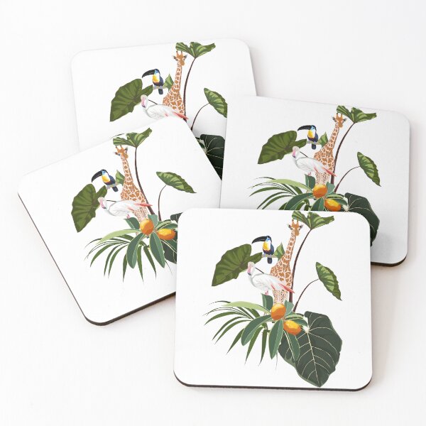 Item preview, Toucan bird, giraffe, flamingo animals, tropical flowers, palm leaves, jungle leaf composition. designed and sold by MatyKotiv.