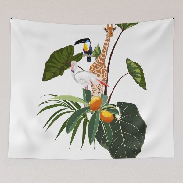 Item preview, Toucan bird, giraffe, flamingo animals, tropical flowers, palm leaves, jungle leaf composition. designed and sold by MatyKotiv.