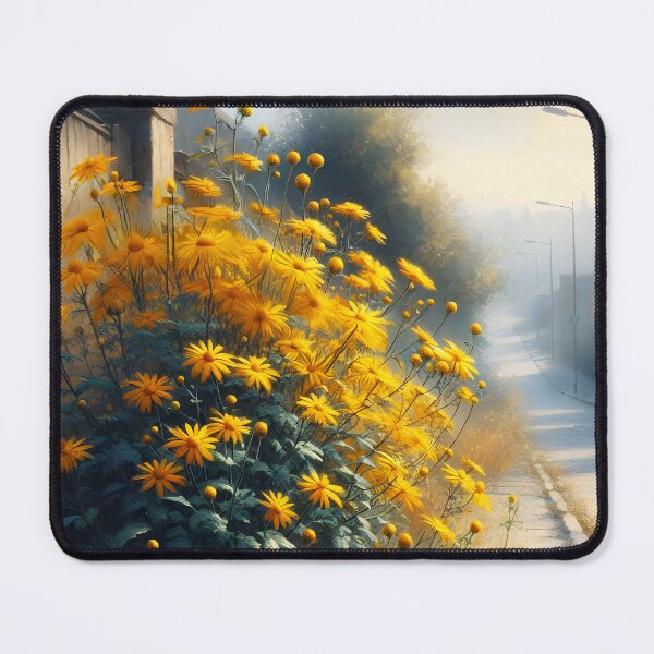 Item preview, Yellow tall flowers at the edge of a fence and a pavement on a street outside fresh sunlight digitalartgitalart designed and sold by EmeraldeaArt.