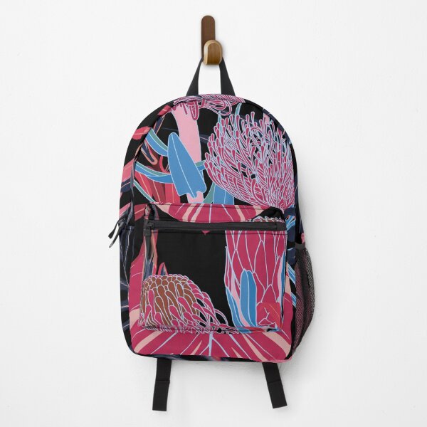 Item preview, Abstract vintage seamless tropical pattern with colorful blue, pink leaves and flowers on black background. designed and sold by MatyKotiv.