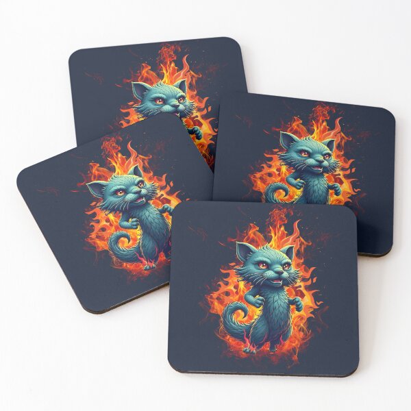 Item preview, Cute blue cat character with fiery background standing confidently in vibrant artwork designed and sold by Mannaz Creative Shop.