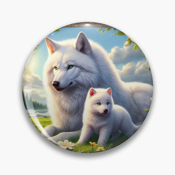 Item preview, Direwolves in white florals decorated frame - mother and puppy white wolves digital portraiture designed and sold by EmeraldeaArt.