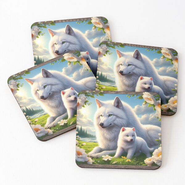 Item preview, Direwolves in white florals decorated frame - mother and puppy white wolves digital portraiture designed and sold by EmeraldeaArt.