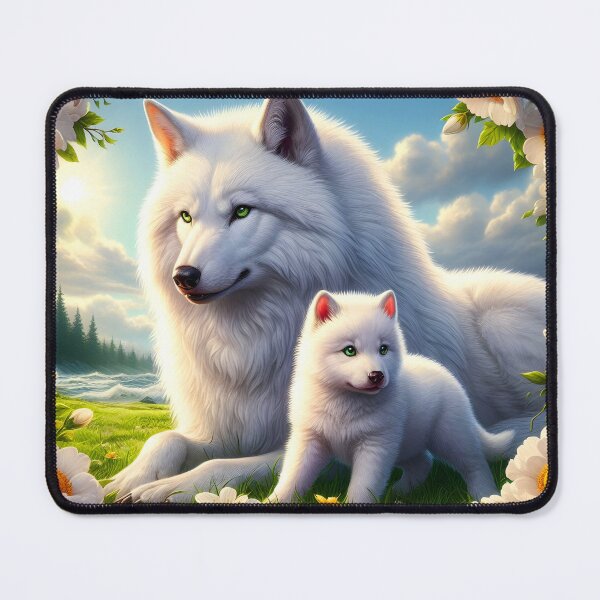 Item preview, Direwolves in white florals decorated frame - mother and puppy white wolves digital portraiture designed and sold by EmeraldeaArt.