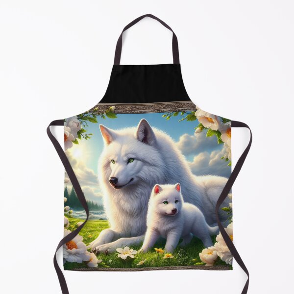 Item preview, Direwolves in white florals decorated frame - mother and puppy white wolves digital portraiture designed and sold by EmeraldeaArt.