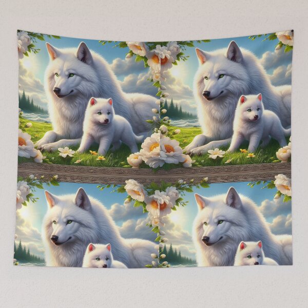 Item preview, Direwolves in white florals decorated frame - mother and puppy white wolves digital portraiture designed and sold by EmeraldeaArt.