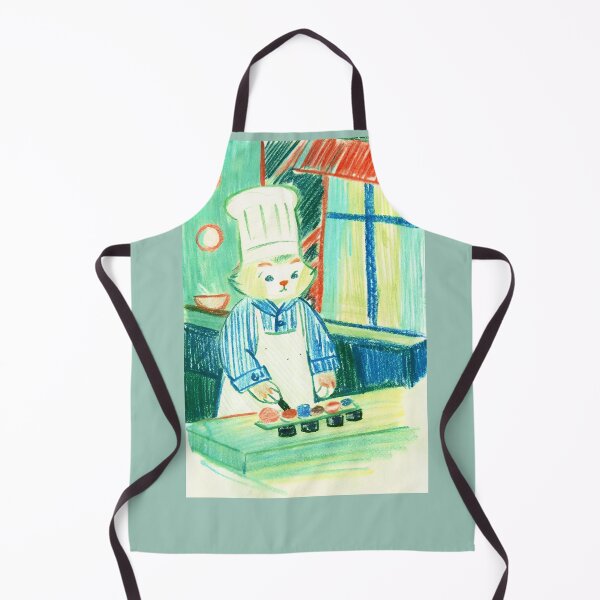 Artikelvorschau, Lernen Sie Sushi-Meister Meow kennen – Retro-Illustration eines Katzenkochs mit Buntstiften entworfen und verkauft von helga-wigandt.