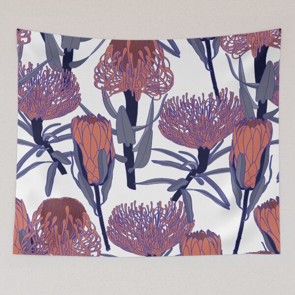 Item preview, Trendy abstract line blue Protea, Leucospermum flowers botanical garden seamless pattern. designed and sold by MatyKotiv.
