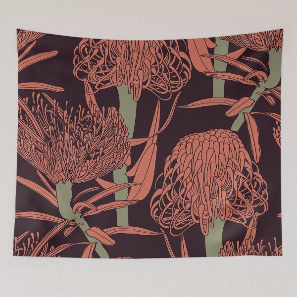 Item preview, Trendy retro line Protea, Leucospermum flowers and botanical garden seamless pattern. designed and sold by MatyKotiv.