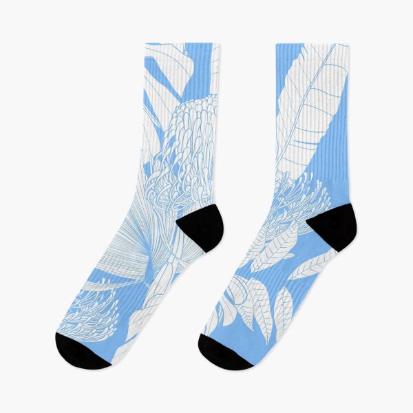 Item preview,  Decorative wallpaper with garden flowers and tropical protea and palm monstera leaves on blue background. designed and sold by MatyKotiv.