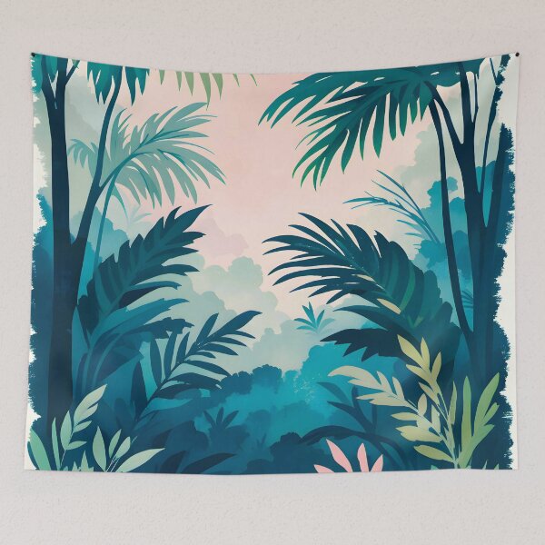 Item preview, When the Forest Feels Like Home, Pastel Tropical Forest, Contemporary Nature Art, Peaceful Pink Sky, Whimsical Aesthetic Print designed and sold by Kintsugi99.