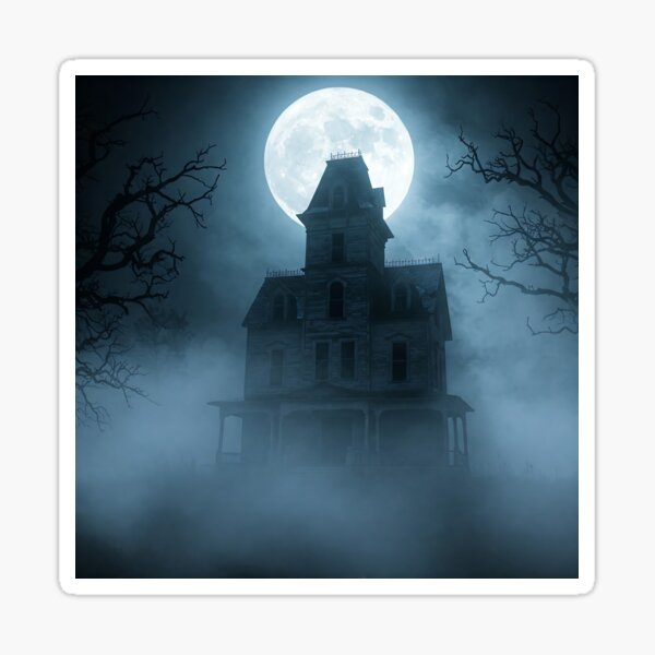Vista previa del artículo con la obra «Casa embrujada con efecto de luna llena y niebla», diseñado y vendido por javastocks.