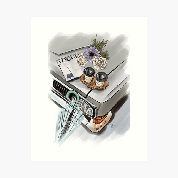 Vintage Car, coffee & flowers Art Print