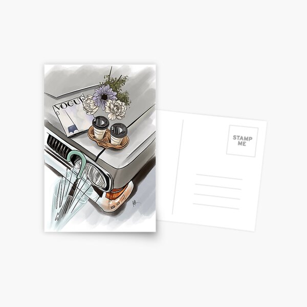 Vintage Car, coffee & flowers Postcard