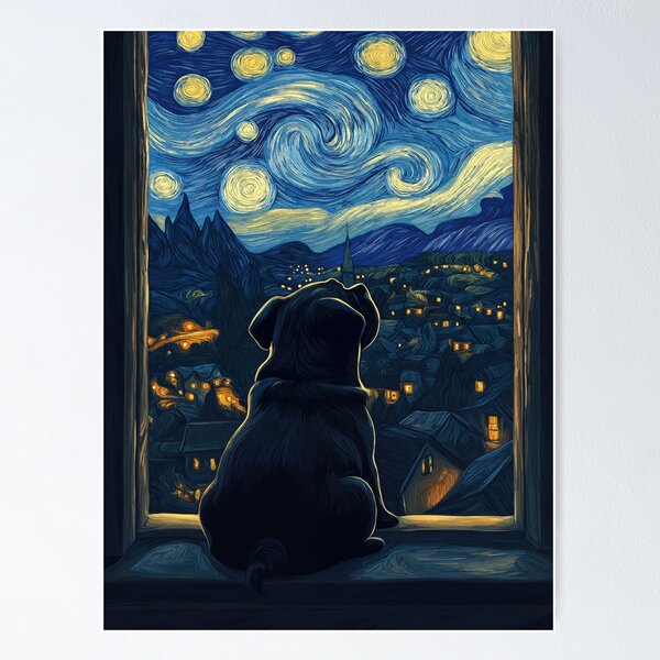 Item preview, Pug Dog Starry Night Van Gogh Window designed and sold by MidCenturyStore.