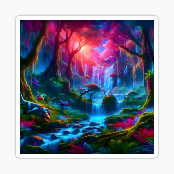 Artikel-Vorschau von Mystischer Neon-Dschungel-Wasserfall mit Jura-Kreaturen, designt und verkauft von KODDesigns.