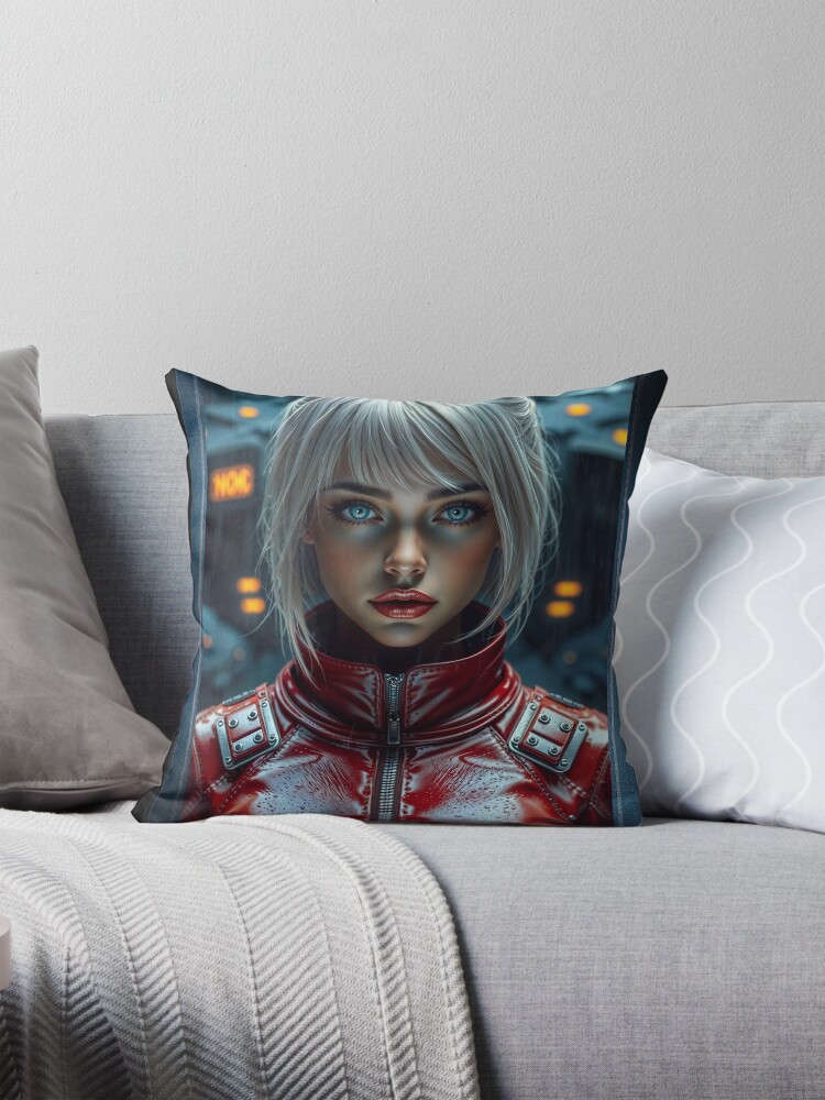 Alestra Valska In Her Red Flight Suit Amidst A Rainy Urban Landscape AI Concept Art by Xzendor7 | A Platinum Blonde Beauty 4 Alestra Valska In Her Red Flight Suit Amidst A Rainy Urban Landscape Mesmerizing AI Concept Art by Xzendor7 Decorative Art Print Throw Pillow