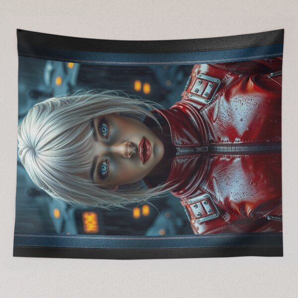 Item preview, Alestra Valska In Her Red Flight Suit Amidst A Rainy Urban Landscape Mesmerizing AI Concept Art by Xzendor7 designed and sold by Xzendor7 Digital Art Creations.
