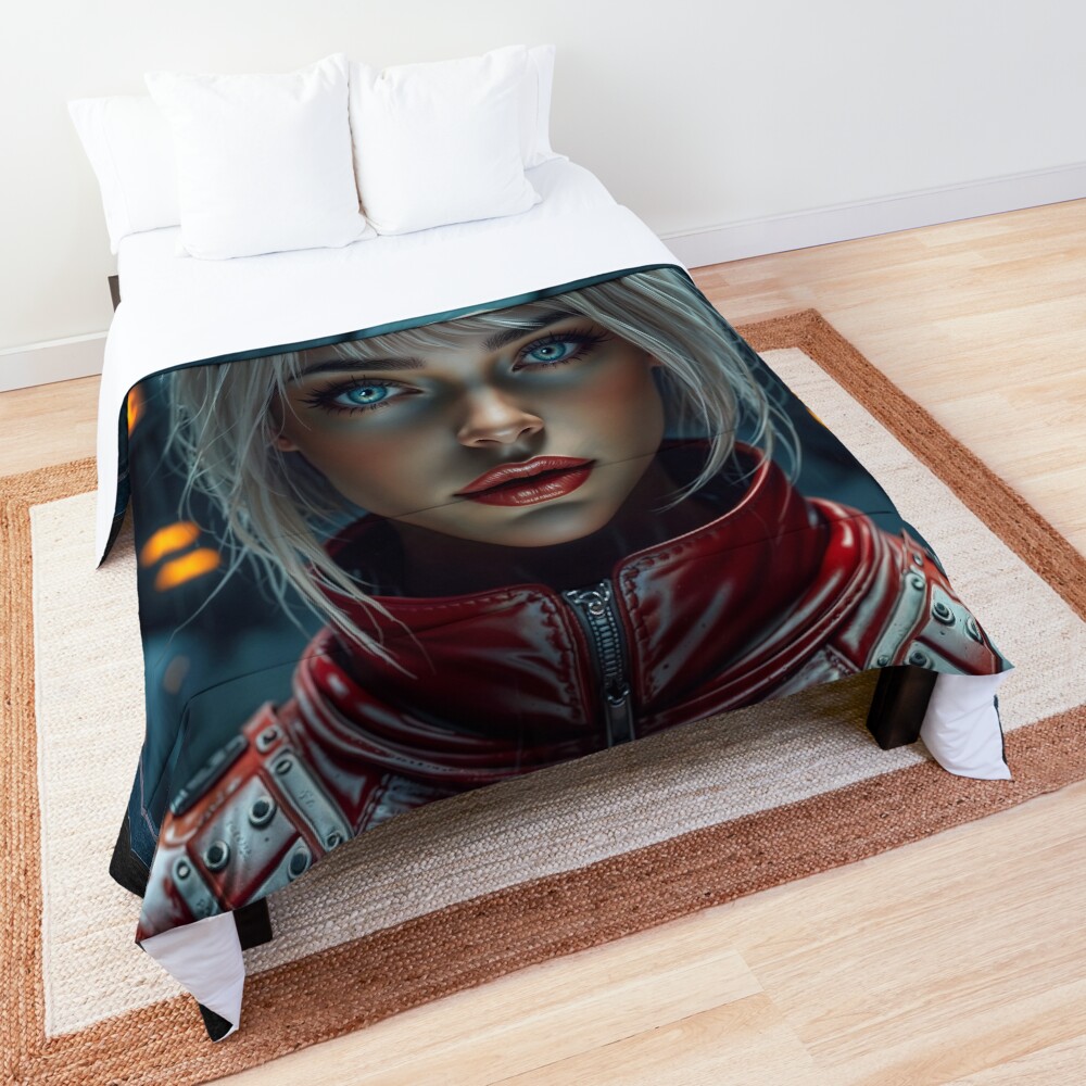 Alestra Valska In Her Red Flight Suit Amidst A Rainy Urban Landscape AI Concept Art by Xzendor7 | A Platinum Blonde Beauty 3 Alestra Valska In Her Red Flight Suit Amidst A Rainy Urban Landscape Mesmerizing AI Concept Art by Xzendor7 Decorative Art Print Comforter