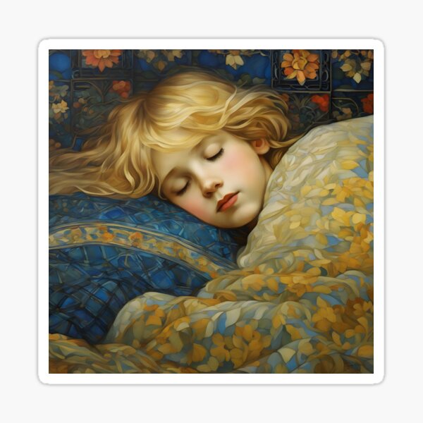 Dreamy Sleeping Child in Floral Quilt - Soft Vintage Bedtime Art Sticker