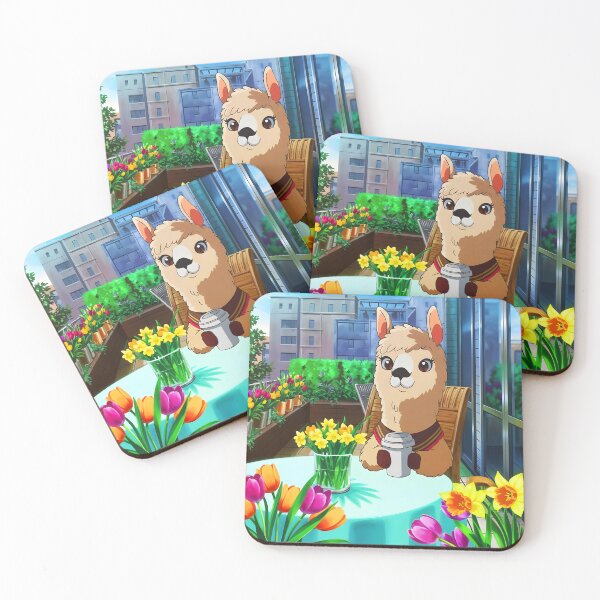 Item preview, Cute Llama sitting drinking a coffee at a Spring terrace - Llamaccino  designed and sold by EmeraldeaArt.