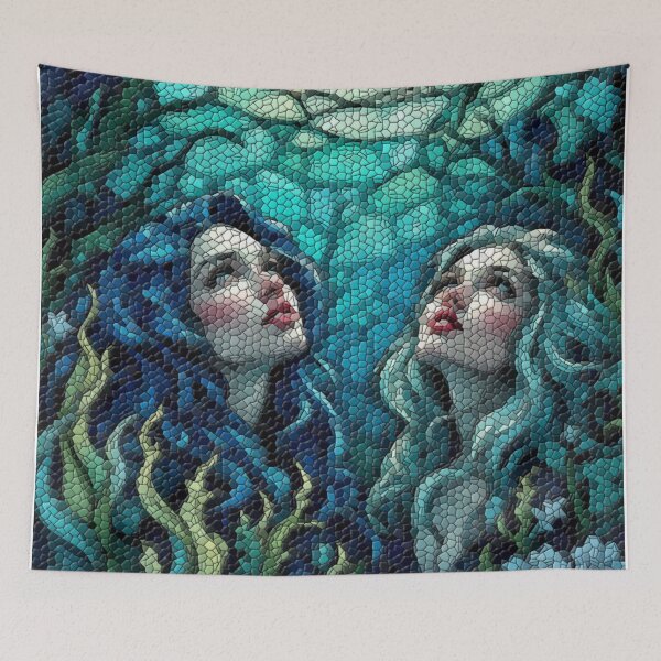Item preview, Mythical Sirens Beneath the Waves – Ocean Stained Glass Fantasy Art designed and sold by LuxuryApparels.