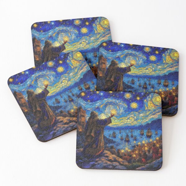 Item preview, Celestial Blessing – Stained Glass Starry Night with Medieval Priest and Ships designed and sold by LuxuryApparels.