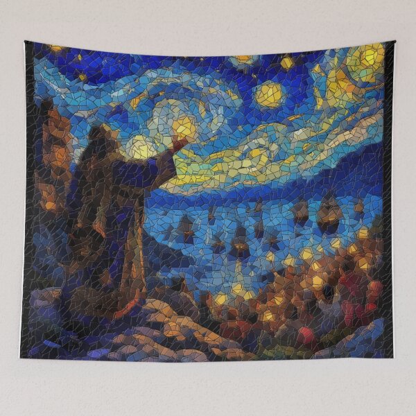 Item preview, Celestial Blessing – Stained Glass Starry Night with Medieval Priest and Ships designed and sold by LuxuryApparels.