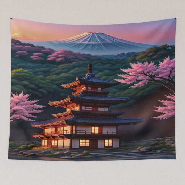 Item preview, Japanese Pagoda Under Mount Fuji at Sunset designed and sold by Mindful56.