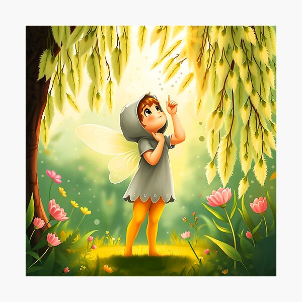 Item preview, Cute fairy boy looking up for spring blooming tree wearing grey hood and yellow thights digital illustration designed and sold by EvaAngel.