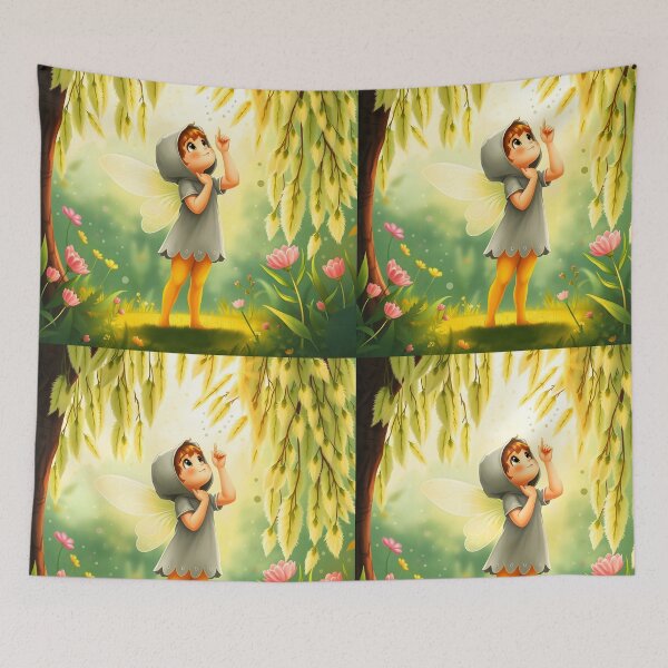 Item preview, Cute fairy boy looking up for spring blooming tree wearing grey hood and yellow thights digital illustration designed and sold by EvaAngel.