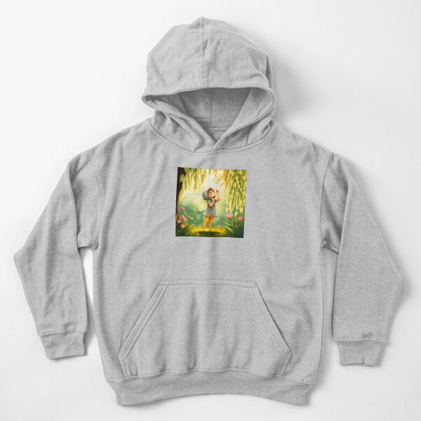Item preview, Cute fairy boy looking up for spring blooming tree wearing grey hood and yellow thights digital illustration designed and sold by EvaAngel.